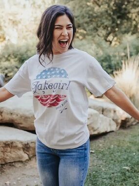 Lakegirl Graphic Tee with Red & Blue Flag Print